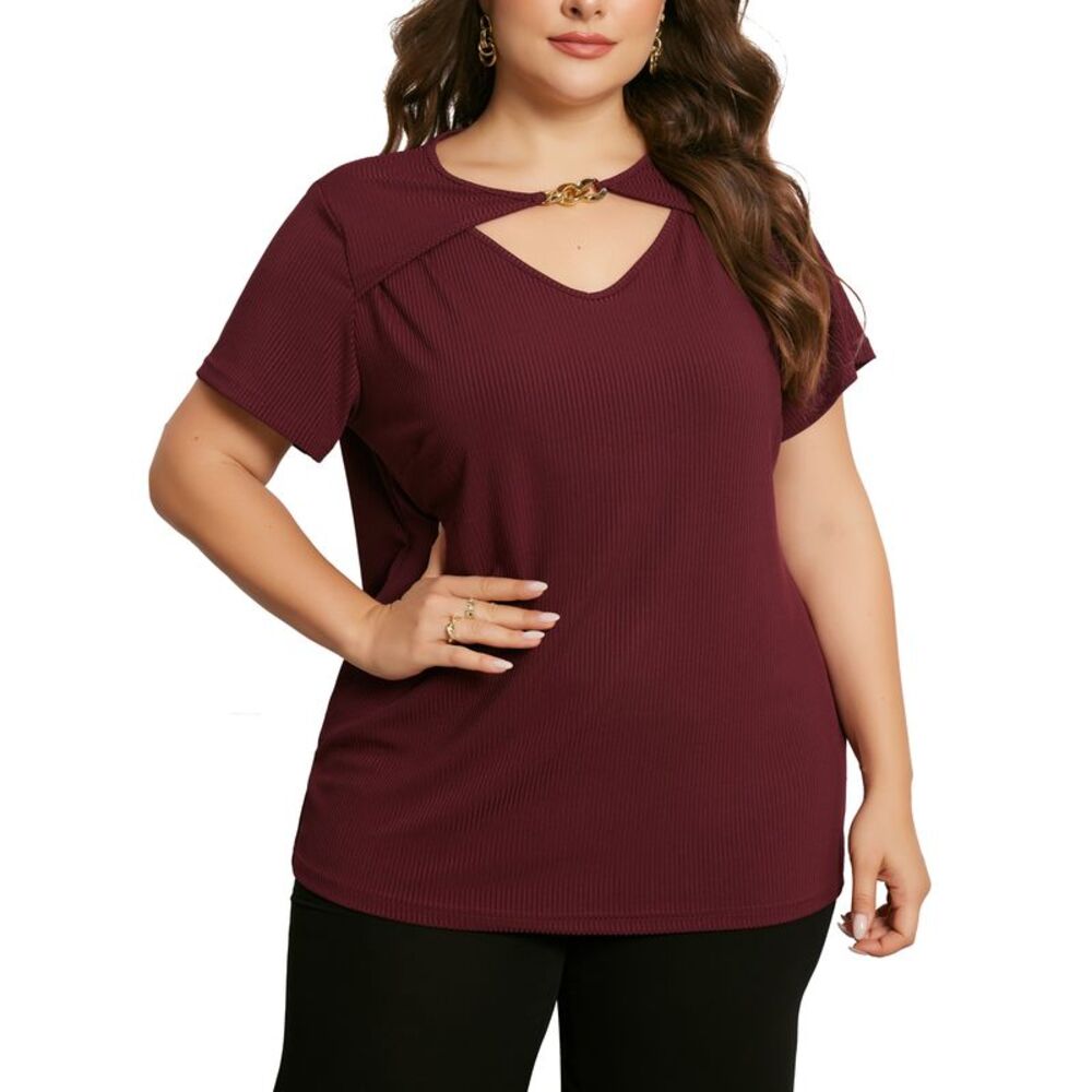 Plus Size Short Sleeve Metal Chain Crop Cutout Bodycon T-Shirt Burgundy